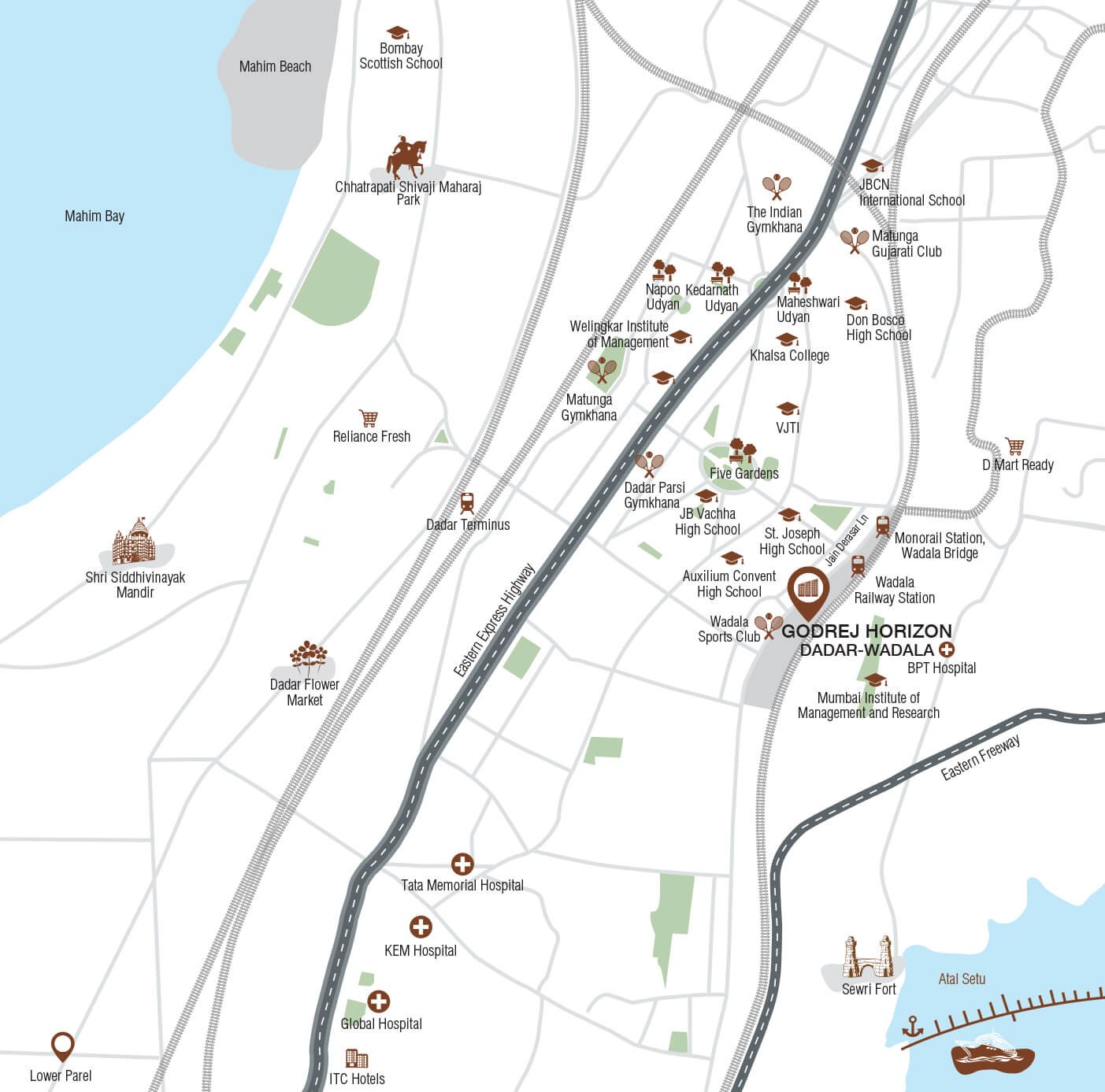 Godrej Horizon Wadala Connectivity Map - Proximity to Wadala Station, Dadar, BKC and South Mumbai